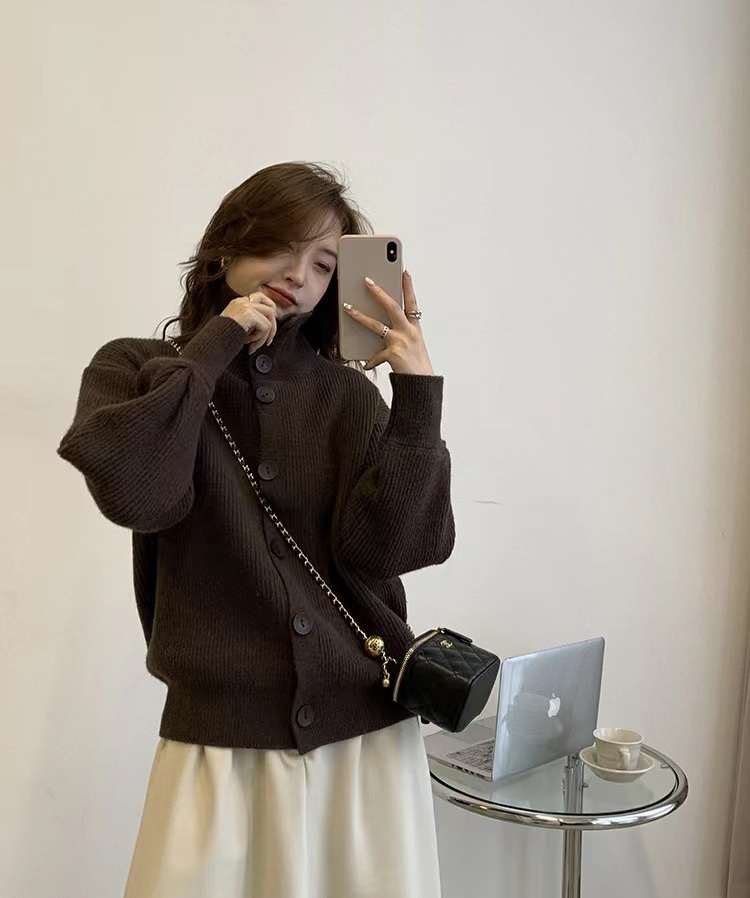 ニットカーディガン レディース カーディガン ニットトップス 長袖 ハイネック 折り襟 無地 リブニ