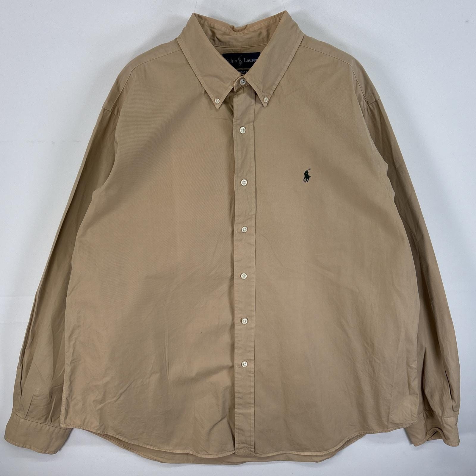 古着 90s/90年代 長袖シャツ ワンポイント ロゴ 刺繍 ボタンダウンシャツ 大きいサイズ XXL ベージュ 無地 メンズ 5,225円