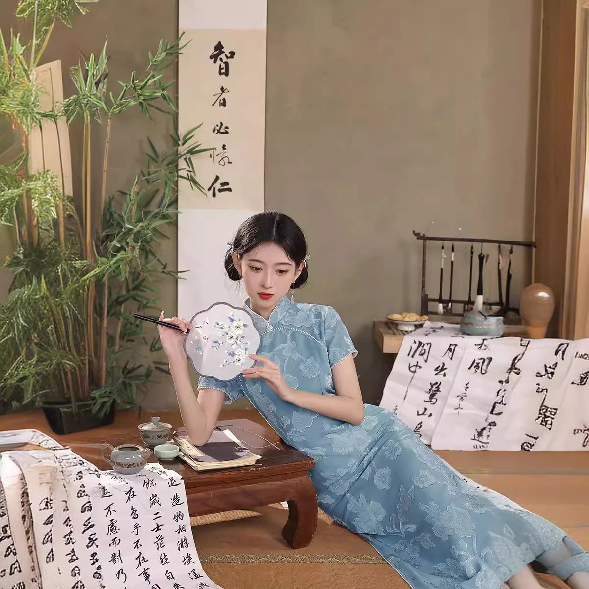 2024春夏改良版チャイナドレスロングスタイルブルー漢服チャイナドレスあり