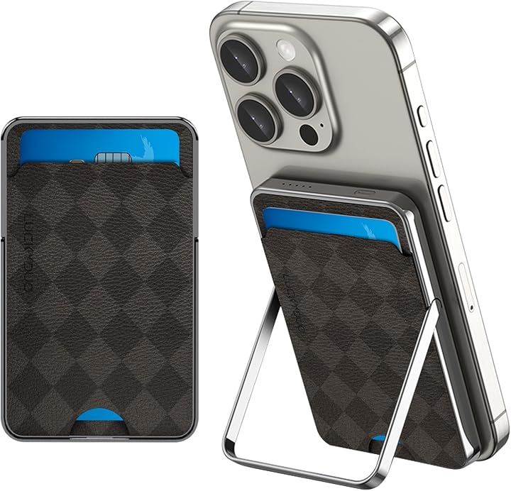 スマホスタンド＆カードカース付き モバイル バッテリー MagSafe対応 軽量 小型 マグセーフ充電器 2台同時充電可能 5000mAh 薄型 コンパクト マグネット( グレー)