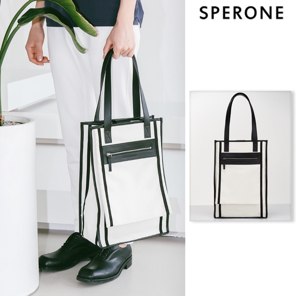 [SPERONE] Cowhide Trimming Canvas Tote Bag