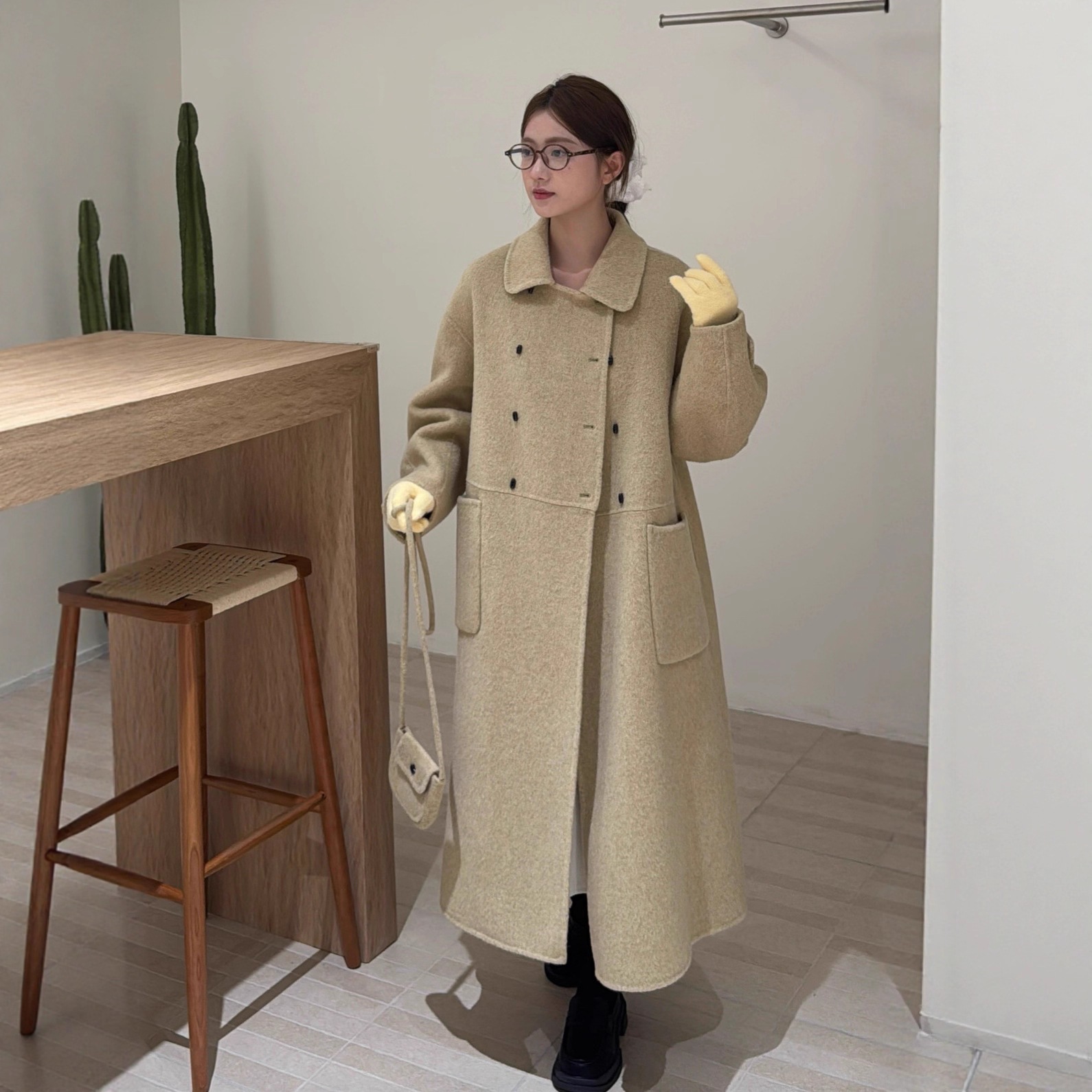 ピーターパンカラークロスボディバッグ厚みがあり暖かいシンプルなカシミアウールコート韓国風レディースの秋冬スタイルの両面ウールコート