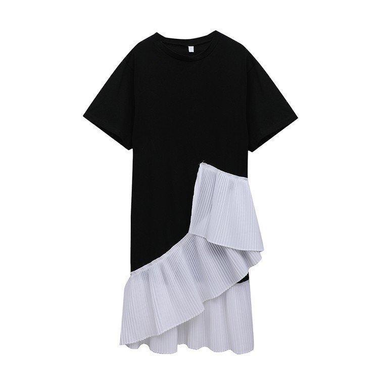 夏 ワンピース レディース ５分袖 お洒落 ロング丈 ワンピ 大人 不規則 裾 綺麗め レイヤード Aライン 大人 フリル