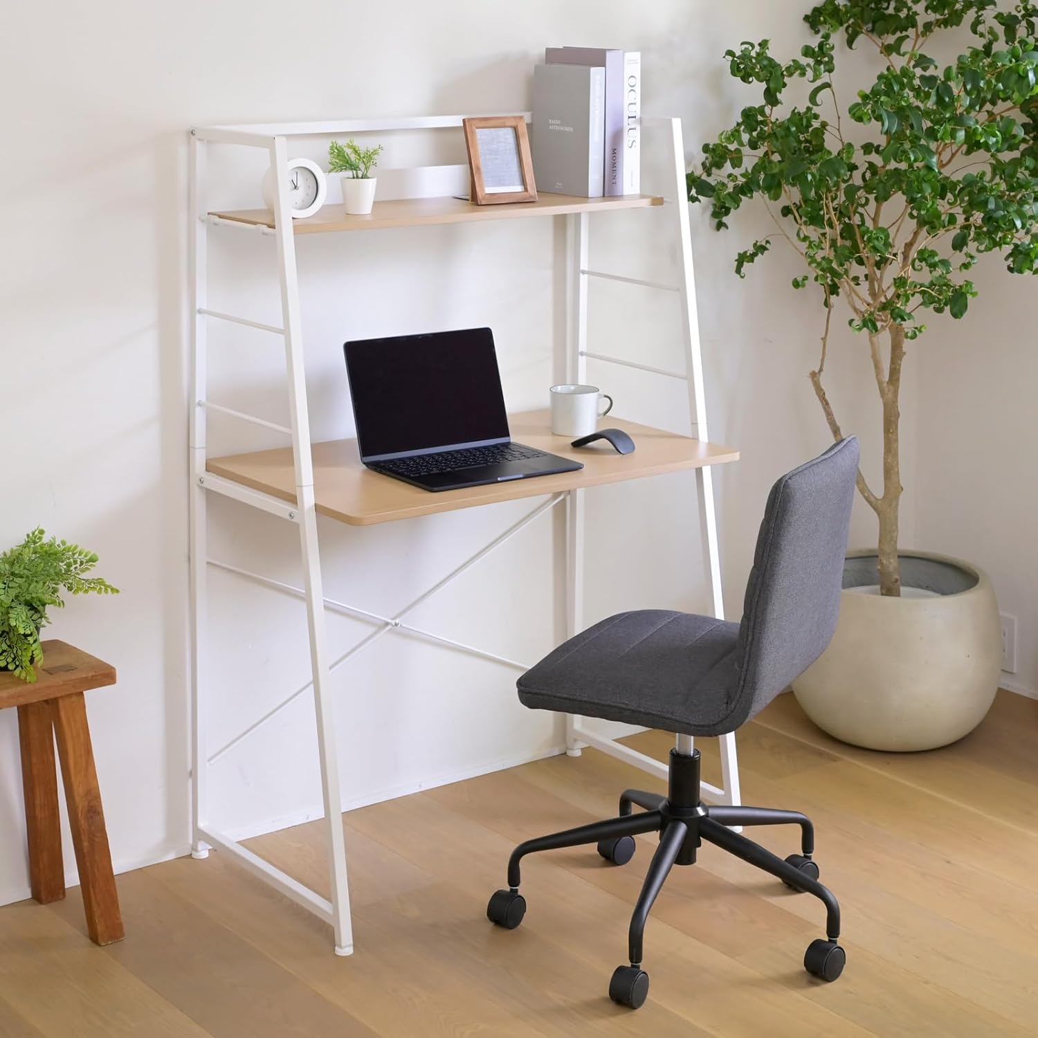 デスク 上棚付きデスク 机 棚付き 省スペース パソコンデスク PCデスク 勉強机 ラック付き 傷汚れに強い天板 幅84.5×奥行49×高さ128cm ワークデスク