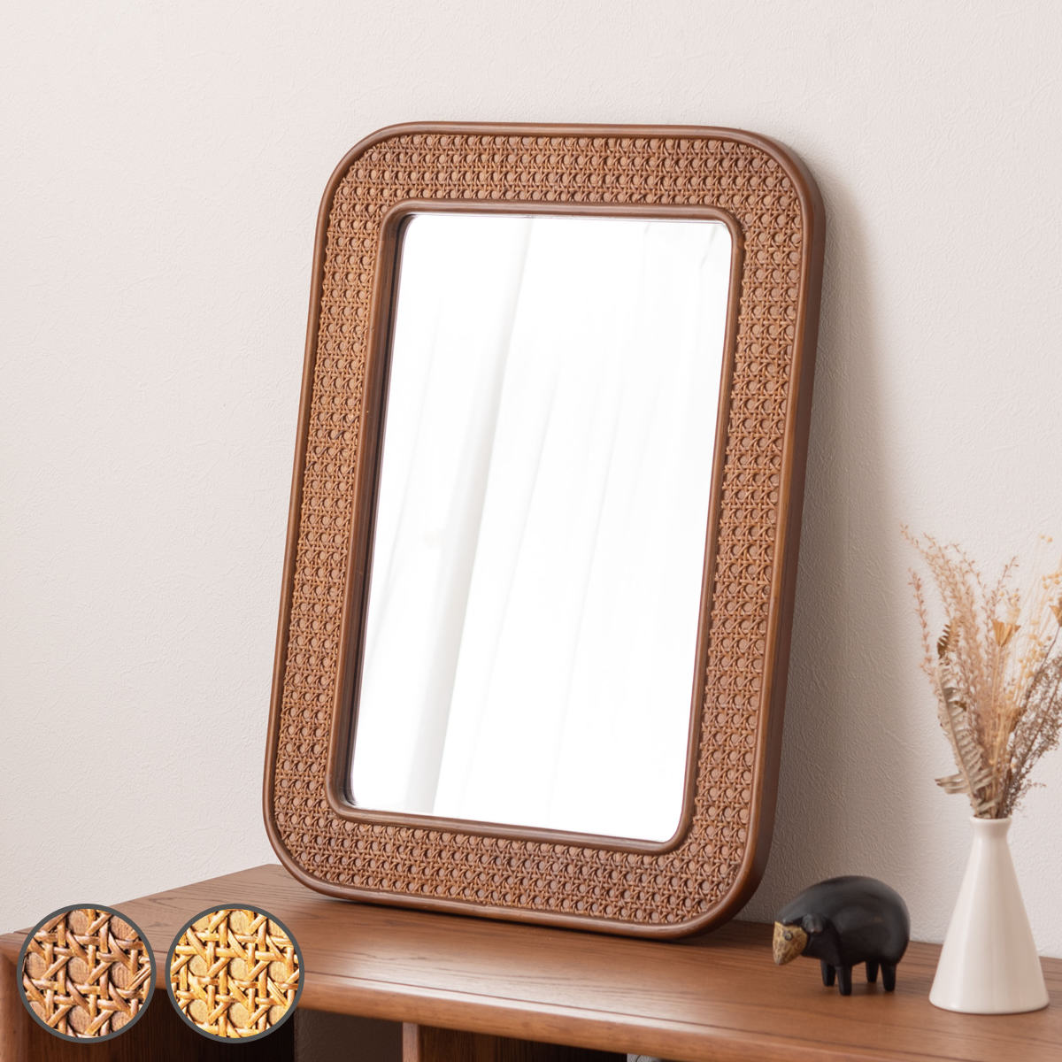 ウォールミラー ラタン 幅45x高さ60cm カゴメ編み 籐 ミラー 鏡 立掛け 壁掛け ナチュラル アジアン 韓国 インテリア