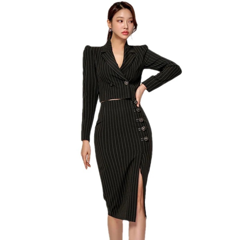 テーラードジャケットセットアップ ストライプ オフィス向けスリムタイトスカート ドレス 結婚式 ワンピース お呼ばれドレス