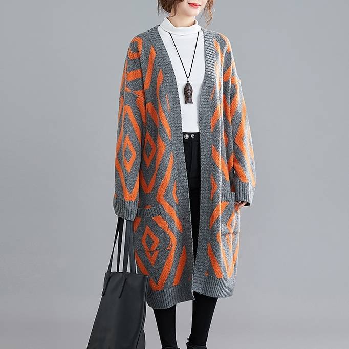 ロング カーディガン ガウン アウター レディース 襟なし 長袖 幾何学 アウター ダイヤ ボヘミアン ハイゲージ ひざ下 ニットコート トップス カーディガン コート ジャケット グレー こなれ感
