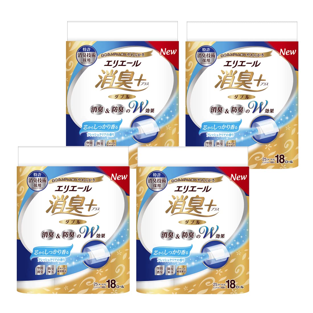 エリエール トイレットペーパー 消臭プラス(＋) 25m×72ロール (18ロール×4パック) ダブル パルプ100% 芯からしっかり香るフレッシュクリアの香り【ケース販売】