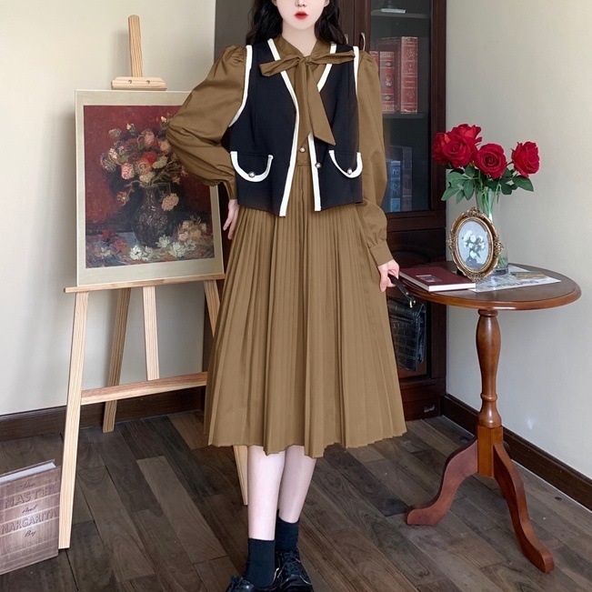 セットアップ レディース ワンピース ジレ 2カラー M L XL 2XL 3XL 4XL ブラック カーキ カラバリ 韓国 2点セット ロングワンピース 長袖 無地 プリーツワンピース パフスリーブ