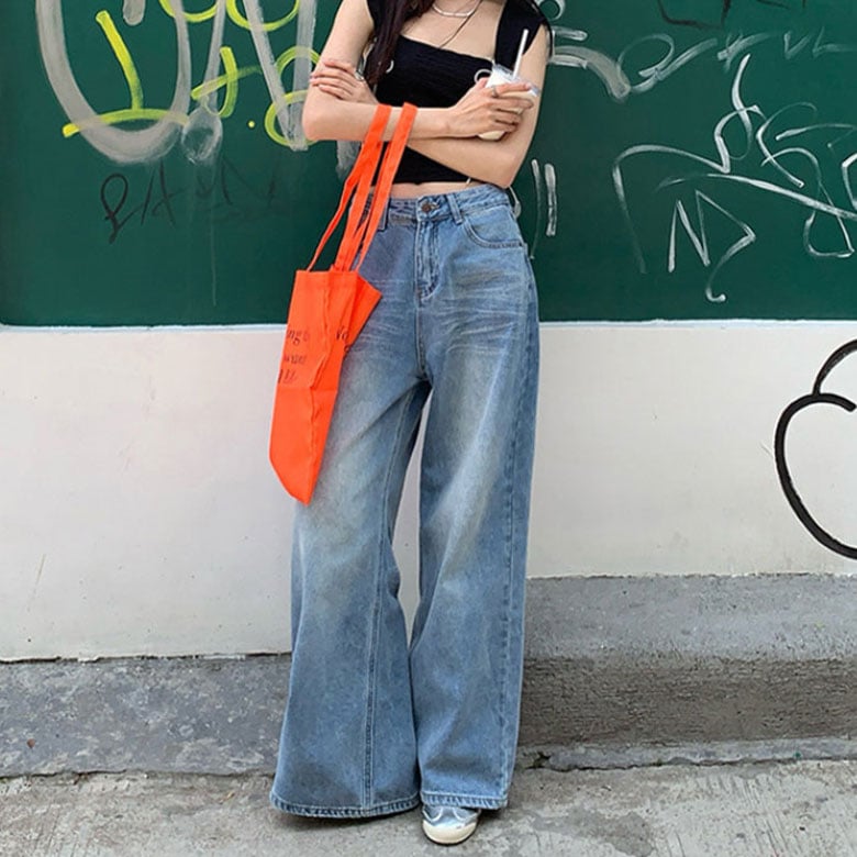 デニム ワイドパンツ ジーンズ デニムパンツ ハイウエスト レトロ ストリートファッション ブルー 青