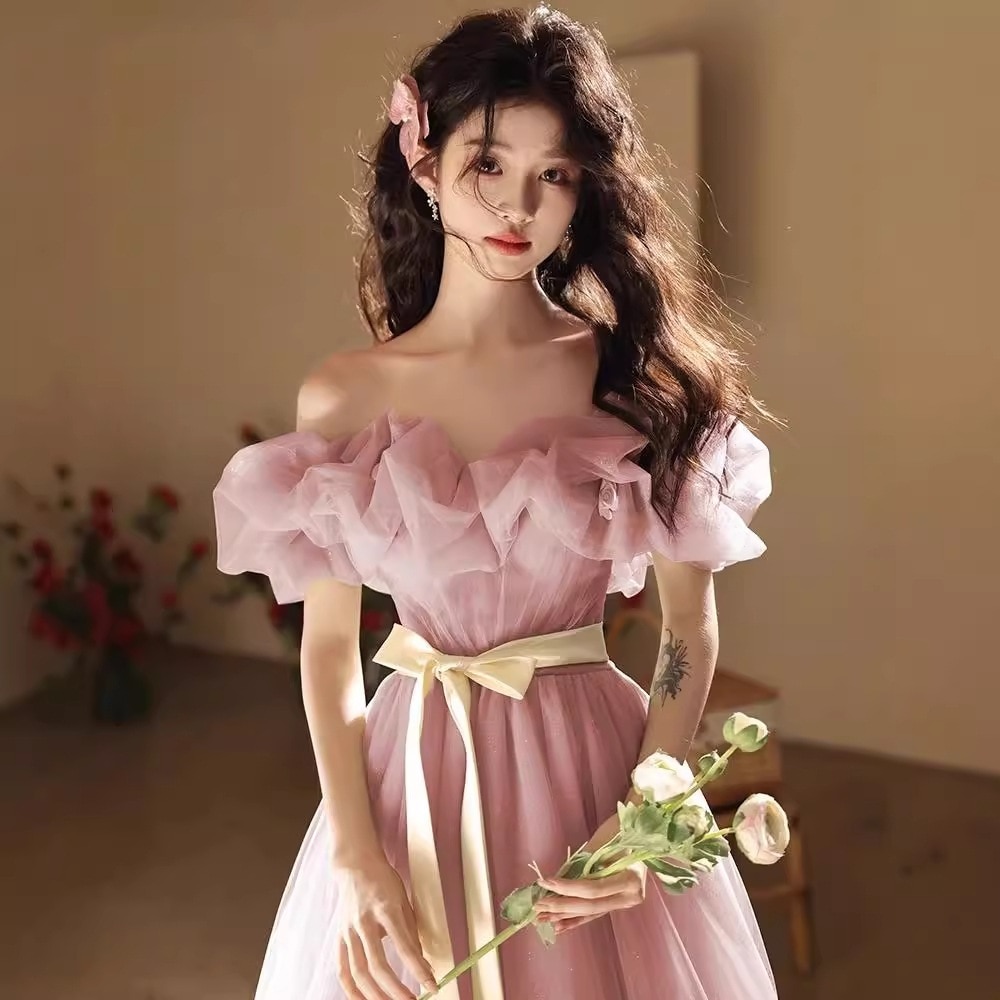 【2枚購入で 3oo円OFF】ピンクエンゲージメントドレス誕生日のためのドレショルダー学生アート試験のパフォーマンス 5,403円