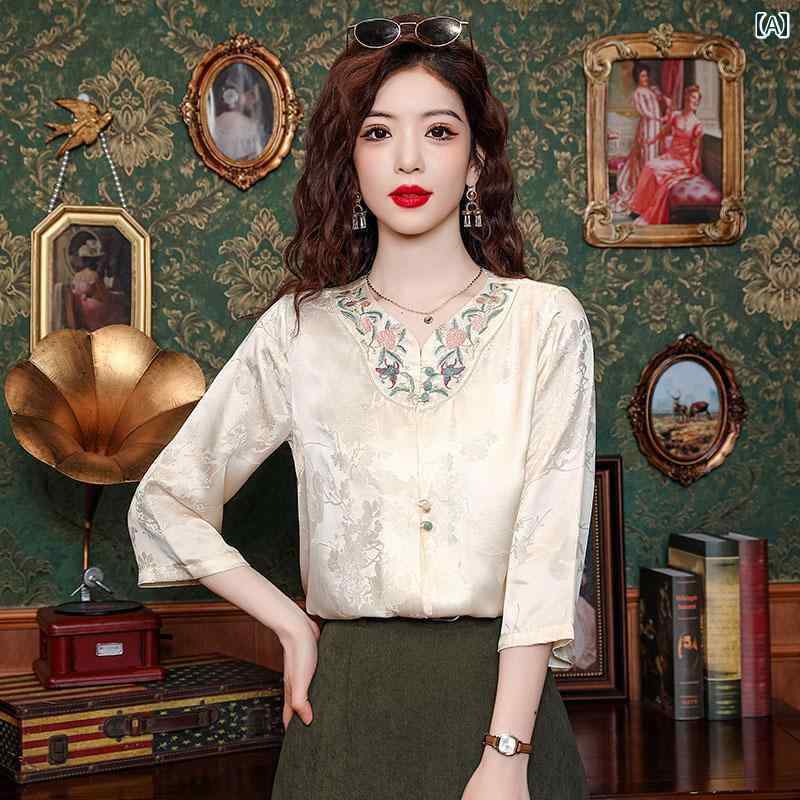 トップス シャツ レディース ブラウス カジュアル きれいめ マザーズ 夏 チュール ジャカード 七分袖 刺繍