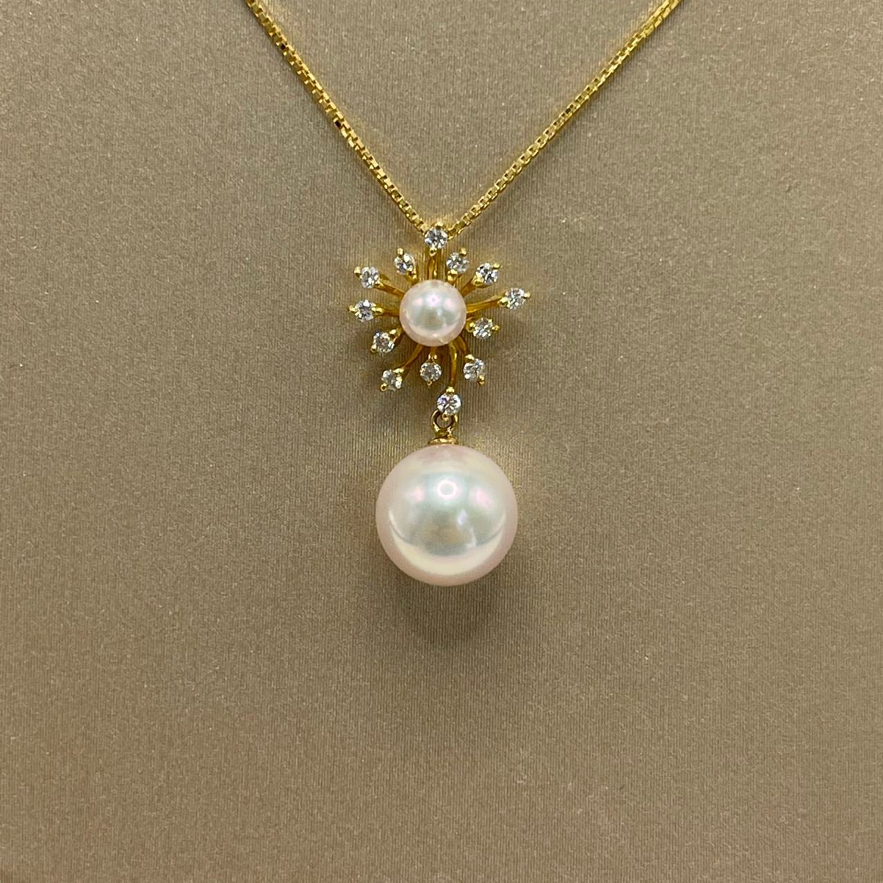 新品　K18YG アコヤ　パール ネックレス　9ミリ　ダイヤモンド　0.12ct　上品　オシャレ　あこやパール【N4552306130050】