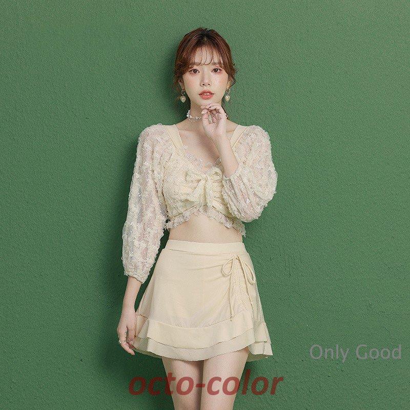 好評率が高い 水着セット 2025年 新作 フリルスカート ハイウエスト パフスリーブ ショート丈 セットアップ 長袖 ビキニ スカート 韓国風 レース ガーリー水着 白 ベージュ 4,685円