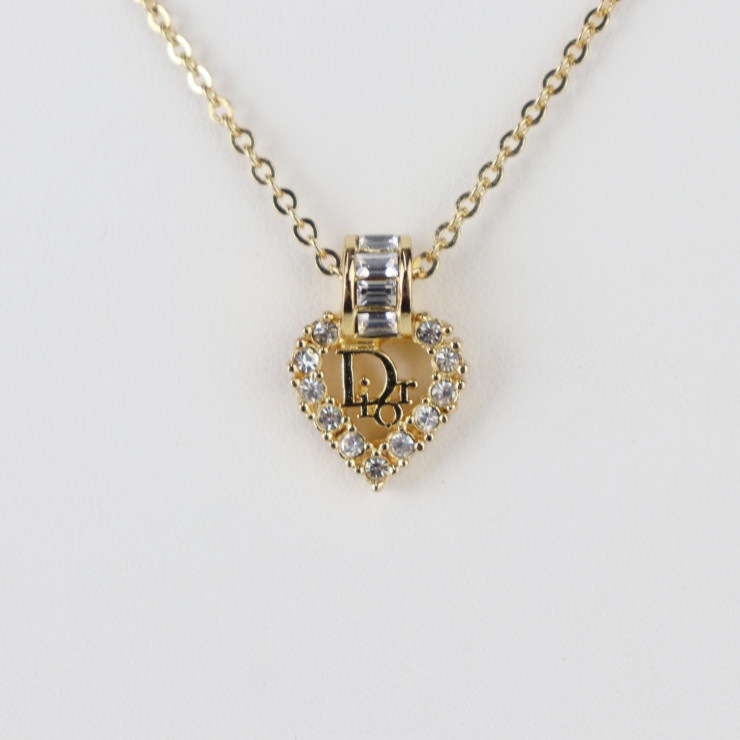 超美品 Christian Dior クリスチャンディオール ネックレス - ロゴ ハート メタル ラインストーン ゴールド ラインストーン 本物保証 中古ネックレス