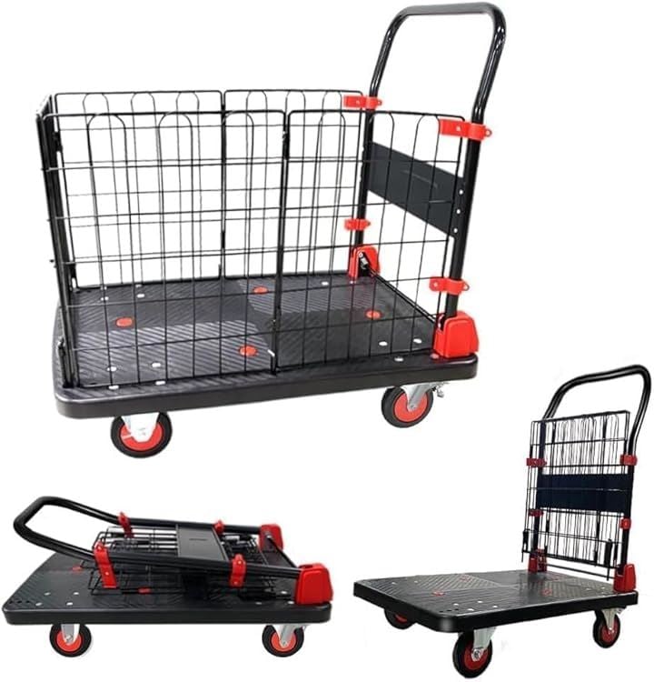 カゴ台車 手押し台車 折りたたみ式 ストッパー付き 運搬車 メッシュ台車 カゴ付き台車 簡単組み立て 家庭用(90 x 60 x 100 cm)
