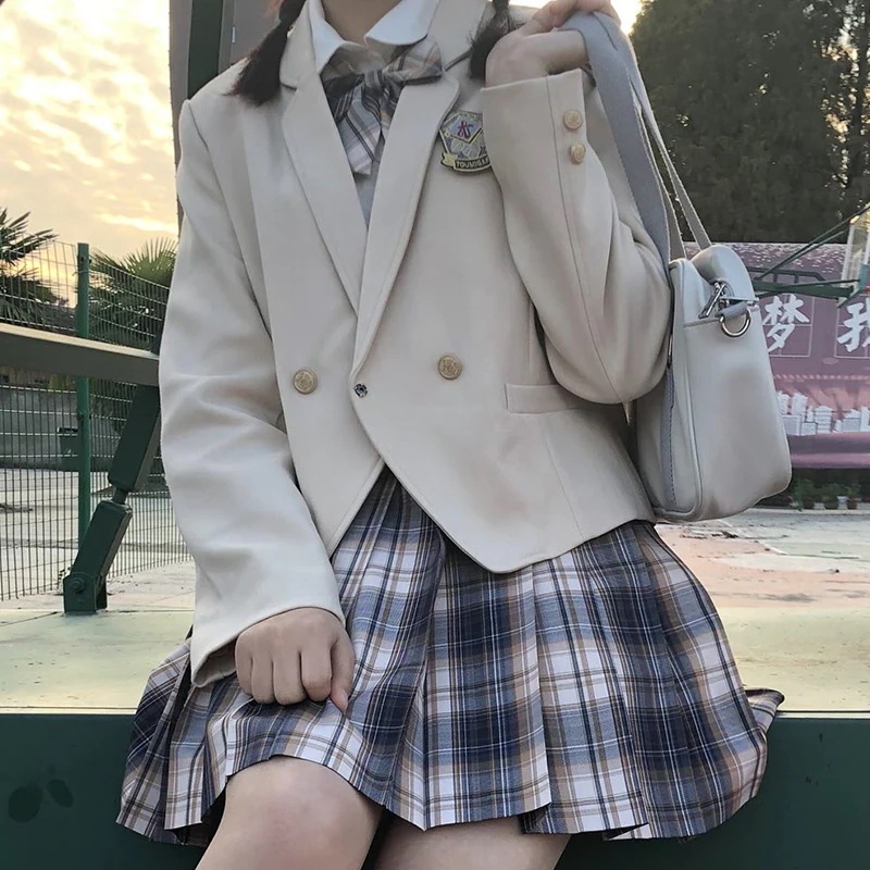4点セット(ベージュブレザー+スカート+リボン+ブラウス) 制服スクールスウィートティーン ジャケットJKイベント チェック柄 ミニブラックアウターコート高校生中学生学生制服 卒業式入学式冬秋春夏