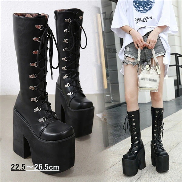 22.5-26.5cm 太ヒール ブーツ 編み上げブーツ ロングブーツ 靴 超厚底 ヒール17靴
