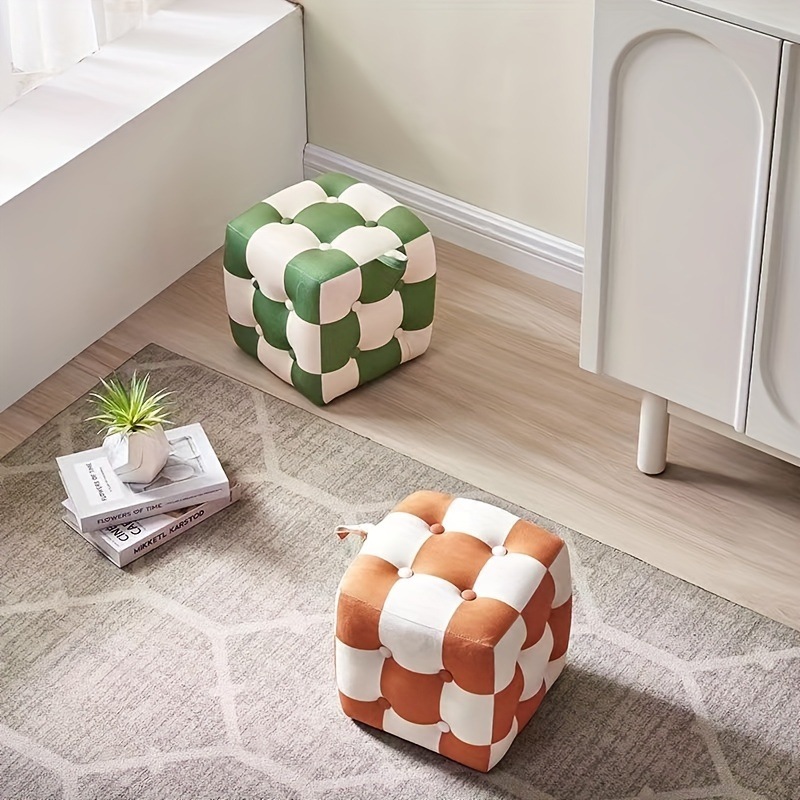 スツール チェック柄 スクエア型 ハンドル 付き おしゃれ かわいい インテリア 北欧 オットマン ドレッサー チェア 椅子 白 グリーン 4-7