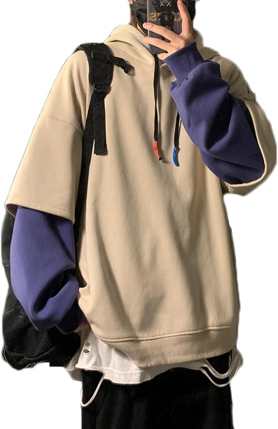 パーカー レイヤード フルオーバー 長袖 メンズ トレーナー スウェット 破れ トレーニングウェア 春 秋冬服 裏起毛 ドローストリング付き ビッグサイズ ソフト カジュアル ストリート 旅行 散歩