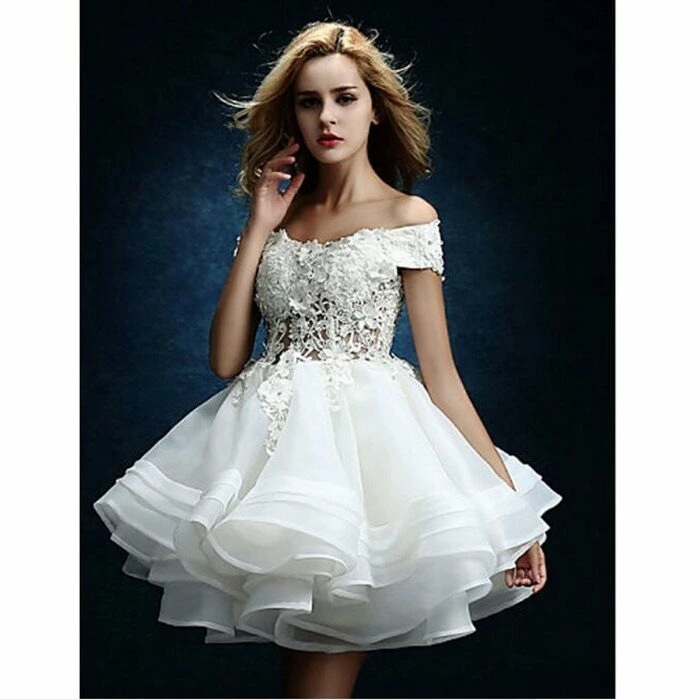 ミニ 白ワンピース 足見せウェディングドレス着後ﾚﾋﾞｭｰ特典可愛さあふれる オフショルダー ミニスカート ミニドレス 白 ホワイト インポート ブライダル パーティ 花嫁衣装 リゾート 海外挙式 結