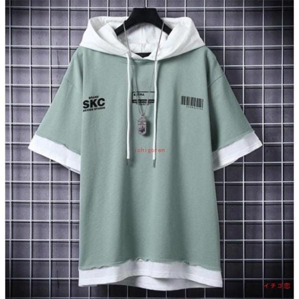 Tシャツ メンズ 半袖 夏 サマーパーカー 重ね着 個性的 トップス カジュアル お兄系
