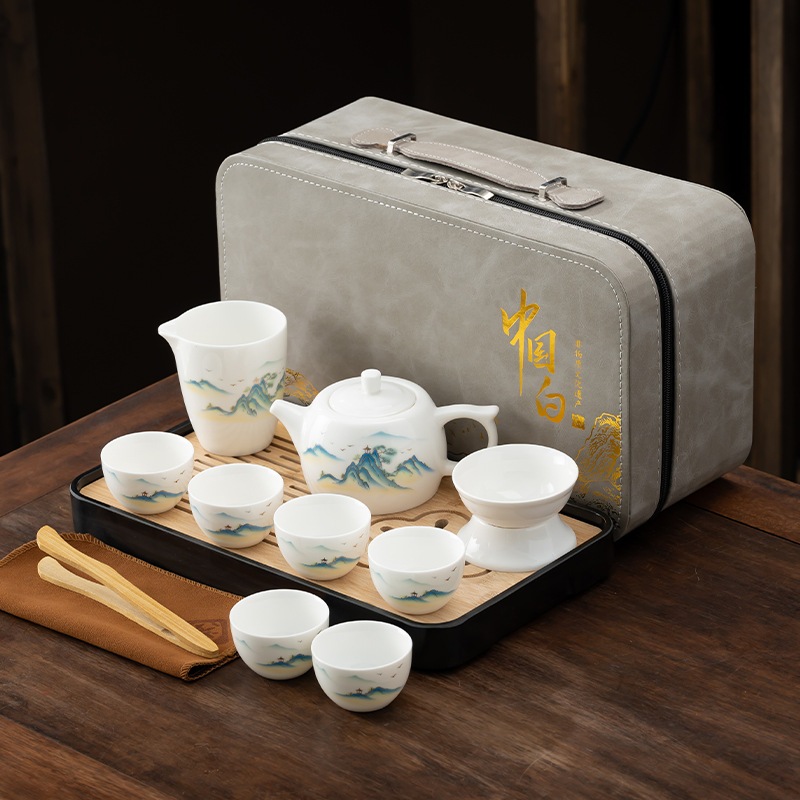 徳化白磁カンフー茶器セット羊脂玉井欄壺ギフトボックス高級茶器プレゼント定印