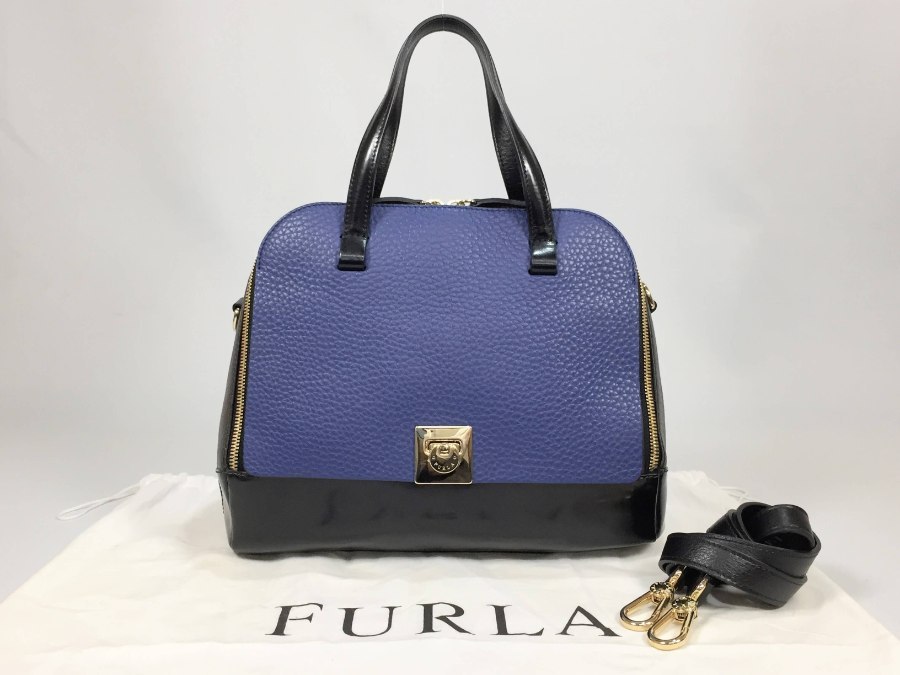 ハンドバッグ 2way ショルダーバッグ レザー バイカラー ブラウンブルー 中古品