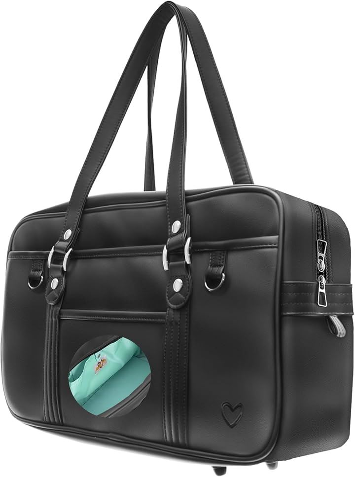 キューティパイ スクバ スクールバッグ 茶色 合皮 高耐久 丈夫 軽い かわいい 持ち手長い 女子高生(ブラック x ミントグリーン)