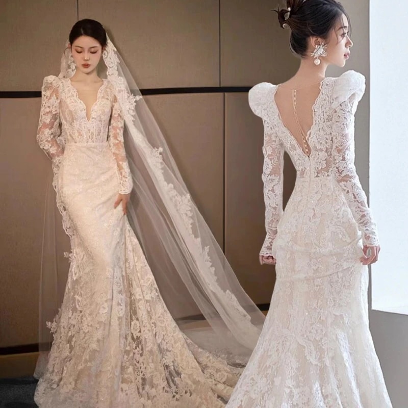 ウエディングドレス レースの長袖パーティードレス白 トレーンライン結婚式 ドレス 二次会 花嫁 フォトウエディング ビーチフォト 前撮り 後撮り 披露宴 トレーンドレス Aライン 演奏会 発表会