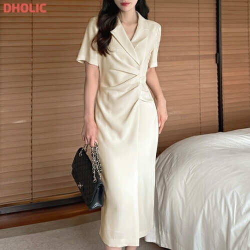 [メガ割りSALE]ジップアップカラースリットスリムロング半袖ギャザーワンピース