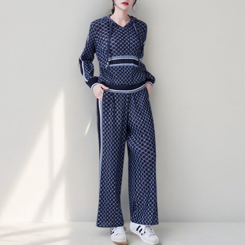 ファッションスーツ女性2点セットしわプリントカジュアルフード付き長袖上着高腰コンビネーションストレートパンツ