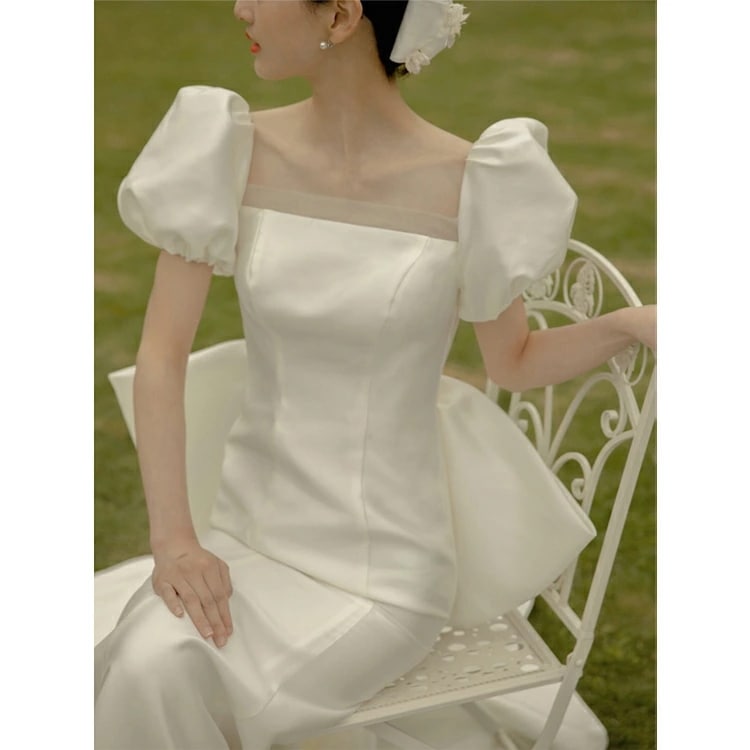 ウェディングドレス 二次会ドレス サテン ドレス 白 パフスリーブ バックリボン オシャレ 結婚式ドレス ロングドレス 背開き セクシー ホワイトドレス 無地 二次会 ウェディング 海外挙式 撮影 X