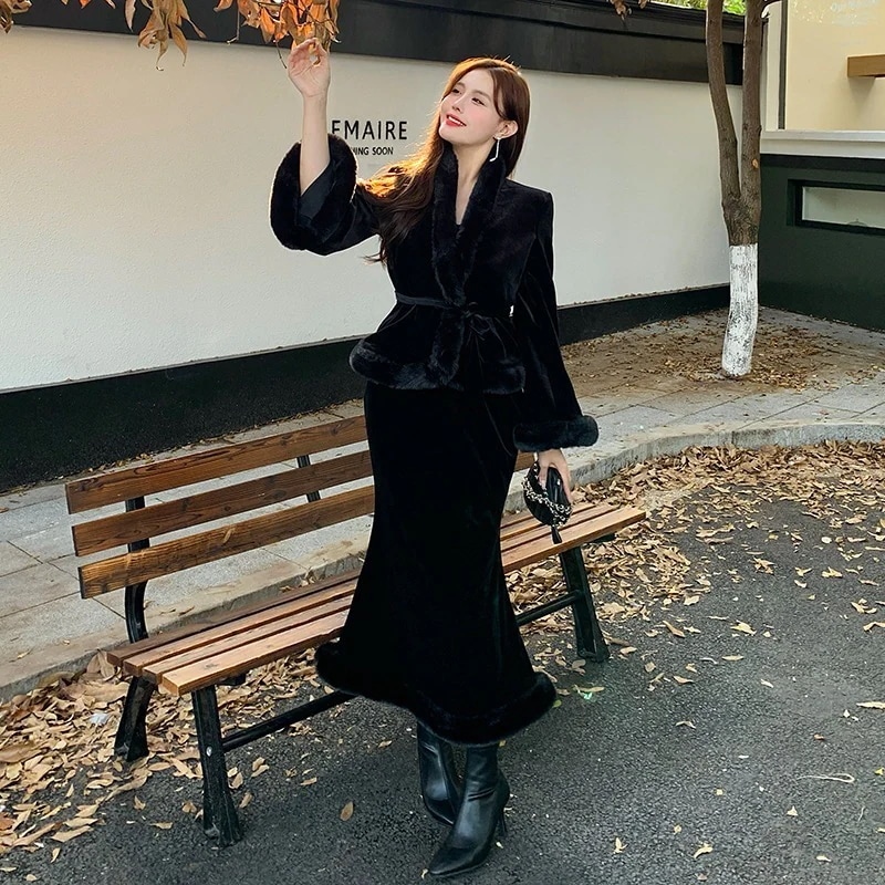 新品大きいサイズ XL-5XL 上下セット 高級感 レトロ 新年 ベルベット セットアップ マーメイド メガ割