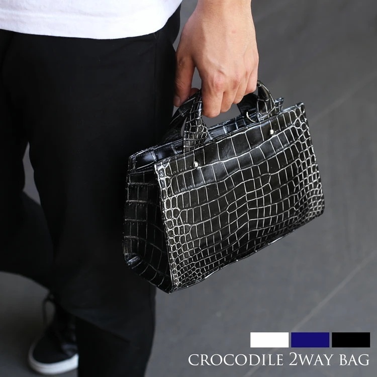 クロコダイル メンズ 2WAY ハンドバッグ 日本製 2WAY ミニトート バッグ 小さめ マット 加工 目地染め センター取り 斜め掛け ショルダーバッグ ミニバッグ 軽量 本革 鰐革 JRA プレ