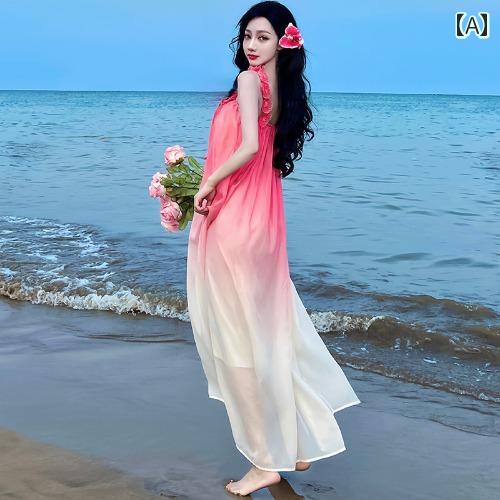 ワンピース 大人 リゾート レディース ビーチ バケーション ビーチ ドレス ピンクグラデーション シフォン サスペンダー ドレス スーパー フェアリー ロング ドレス