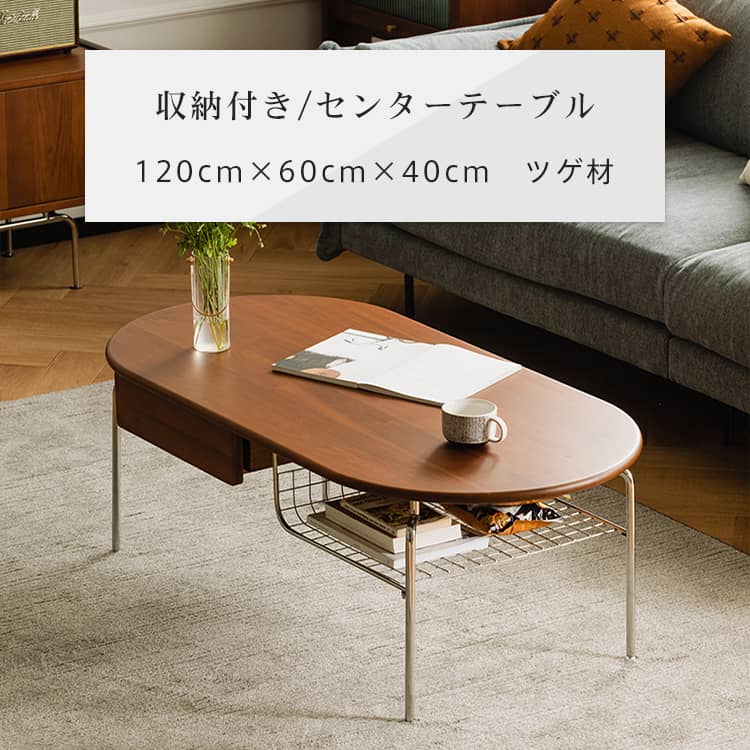 センターテーブル 収納 北欧 引出し 棚収納 幅120cm 奥行60cm 高さ40cm ローテーブル リビングテーブル 来客用 天然木 ブラウン スチール 耐久性 一人暮らし 新生活