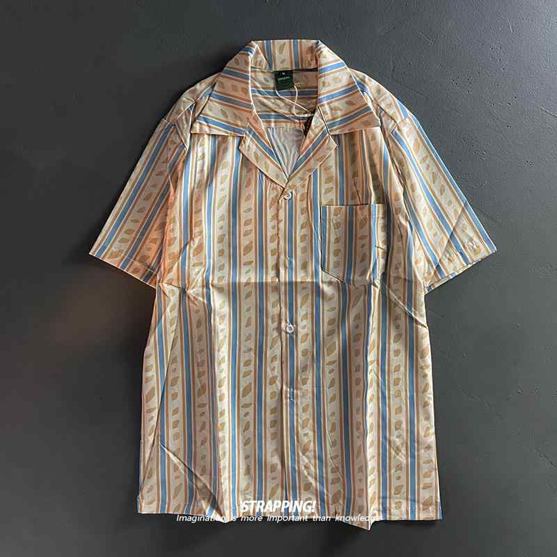 メンズ レディース 春夏 トップス 柄シャツ 総柄 ストラップ付き アメリカン ストライプ 半袖 花柄 ハワイアン タイ レトロ ベージュ