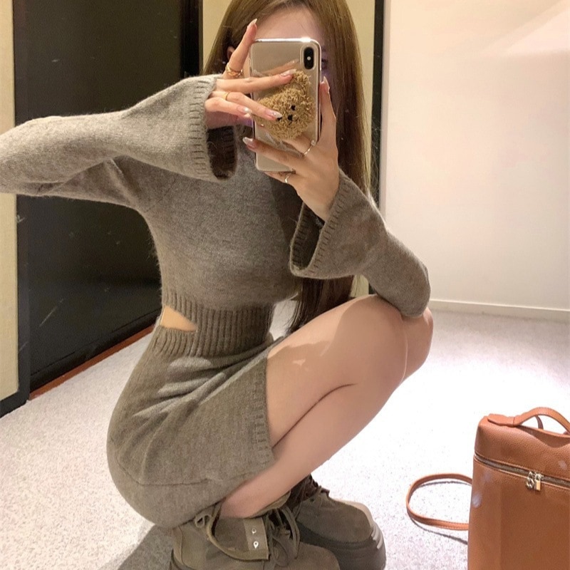 秋冬 2024新ギャルウエスト見せ上品ワンピースレトロニットファースカートヒップスカートプリーツスカート30%までに制限