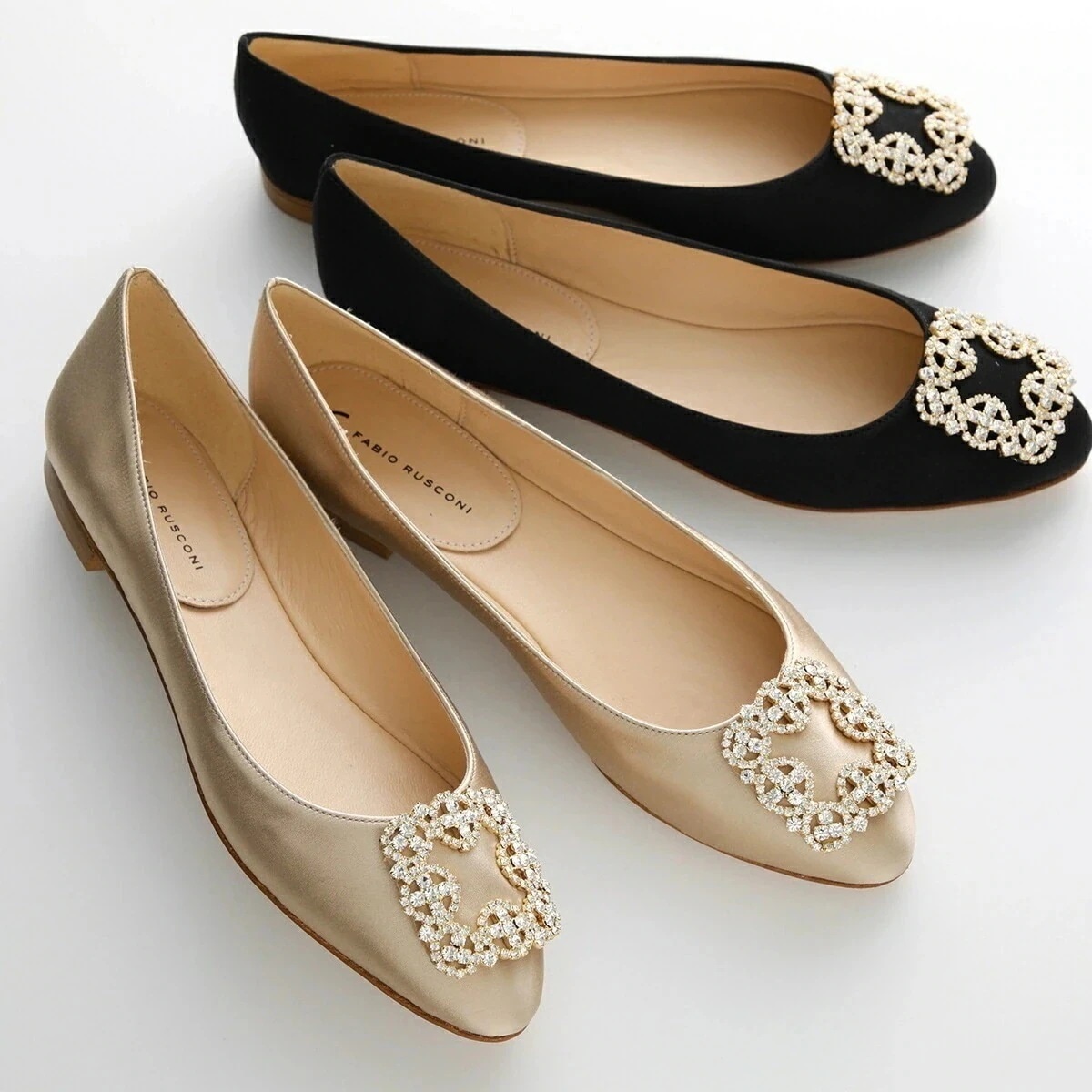 FABIO RUSCONI ファビオルスコーニ フラット パンプス S-6550 レディース サテン ビジュー クリスタル装飾 ポインテッドトゥ カラー2色