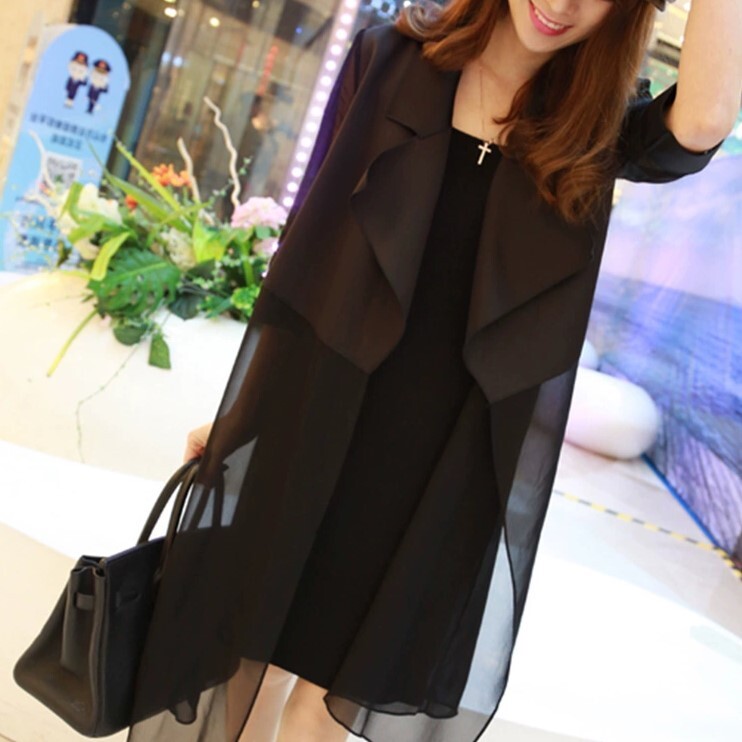 アウター ワンピース 上着 トレンチコート 膝丈 袖なし 7分袖 Vネック 襟付き ストレート Iライン 切り替えデザイン シフォン 前開き 透け感 シースルー 薄手 2点セット ツーピース