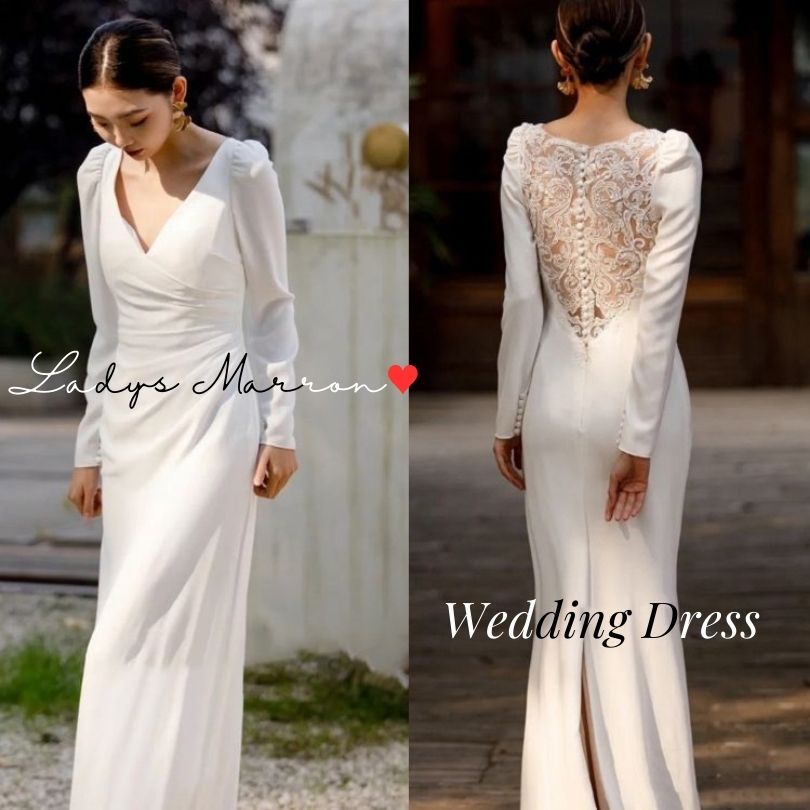【即納】ウェディングドレス マーメイド 白 花嫁 前撮りドレス かわいい 花嫁二次会ドレス フォトウェディング 二次会ドレス 韓国 無地 花柄 Vネック 春 夏 秋 冬 ロング丈 長袖 可愛い 前撮