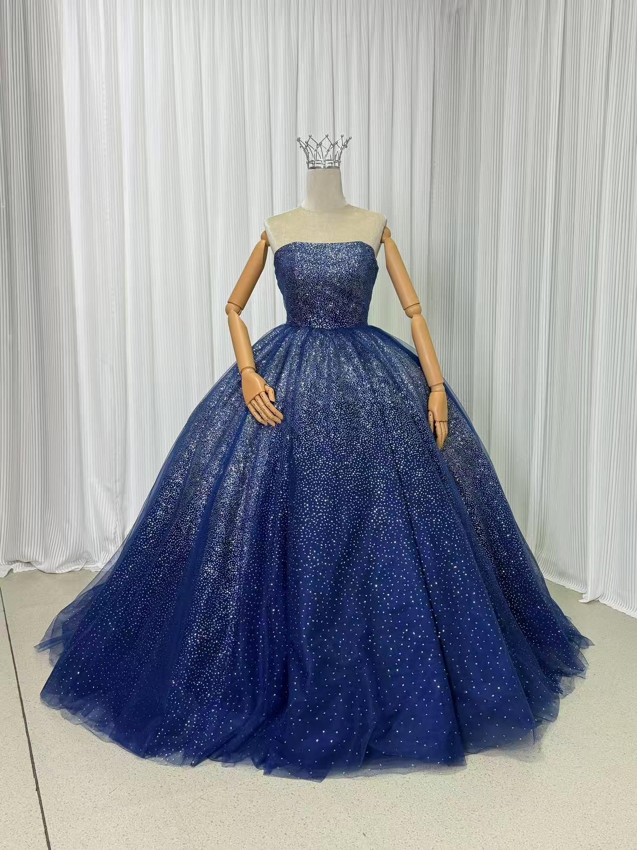 豪華！カラードレス ネイビー ベアトップ 編み上げ キラキラグリッターチュール