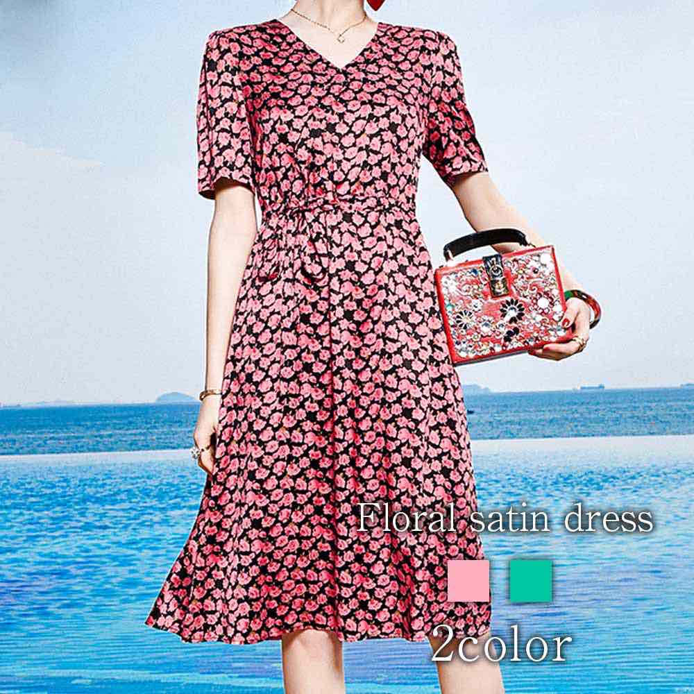 ワンピース レディース 花柄サテンワンピース 40代 薄手 半袖 ルームウェア おしゃれ 春 人気 アウトドア 大きいサイズ 夏 ニット きれいめ スカート 安い 50代 20代 しっかり トップス