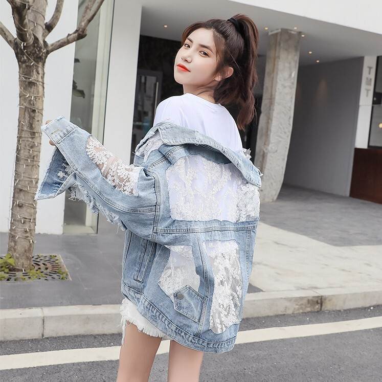 トップス レディース ジャケット デニム アウター 個性的 長袖 襟付き レース ドッキング 春 秋 ライトブルー S M L XL 異素材MIX ドロップショルダー ダメージ オーバーサイズ 透け感