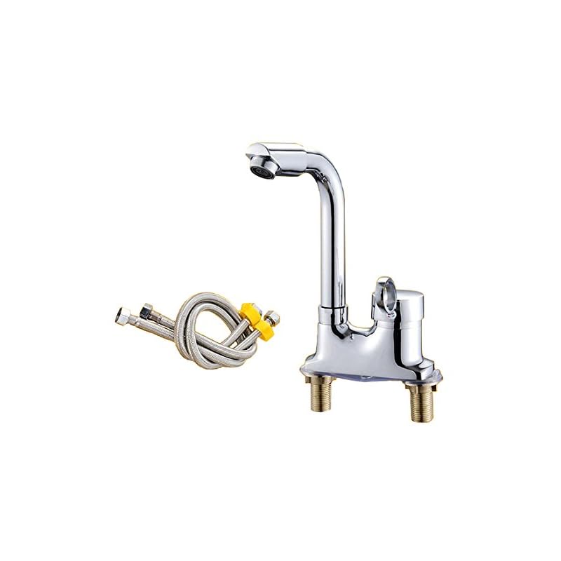 SK19 ツーホール式 洗面用 シングルレバー 混合水栓 手洗いボウル用 360 クルクル回転 立水栓 洗面台 蛇口 水道 (混合水栓＋取り付けホース)