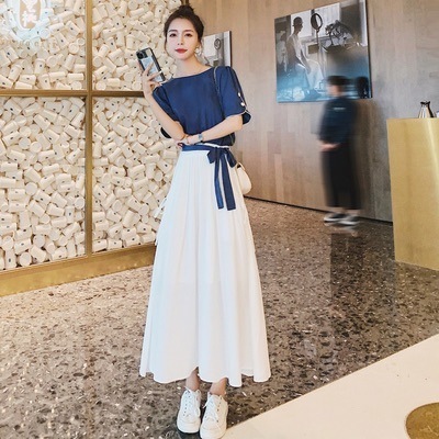 スカート デート プルオーバー レギュラー丈 袖あり 半袖 5分袖 ラウンドネック Aライン リボン ハイウエスト かわいい 可愛い きれいめ シンプル カジュアル 上品 おしゃれ お洒落