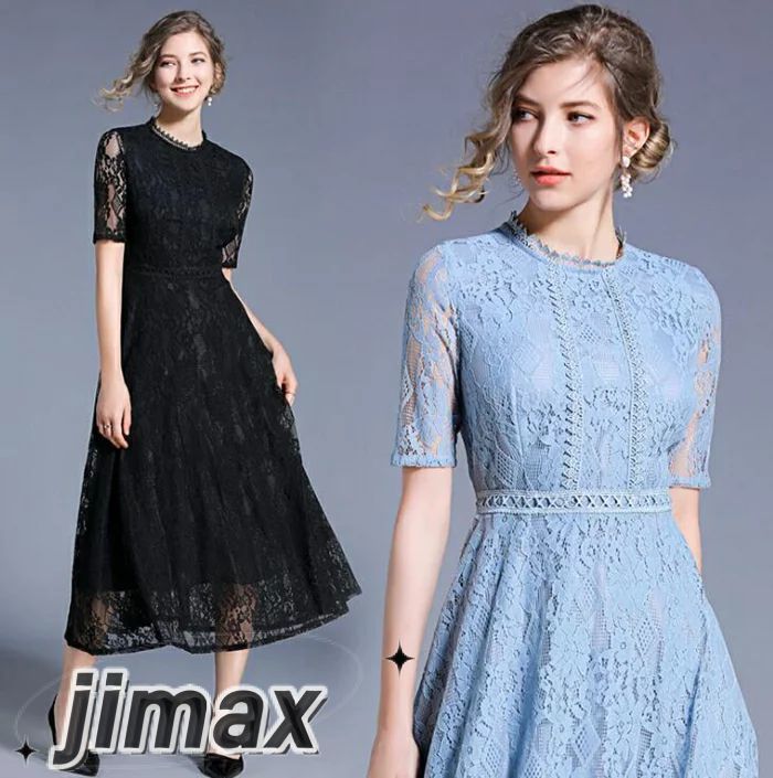 部分　パーティードレス ミモレ丈 総レース 袖あり 半袖 結婚式 ワンピース パーティードレス ロング ブラック　ブルー 大きいサイズ　入園式 二次会 謝恩会 同窓会 服装 発表会 大人 フォーマル 12,236円