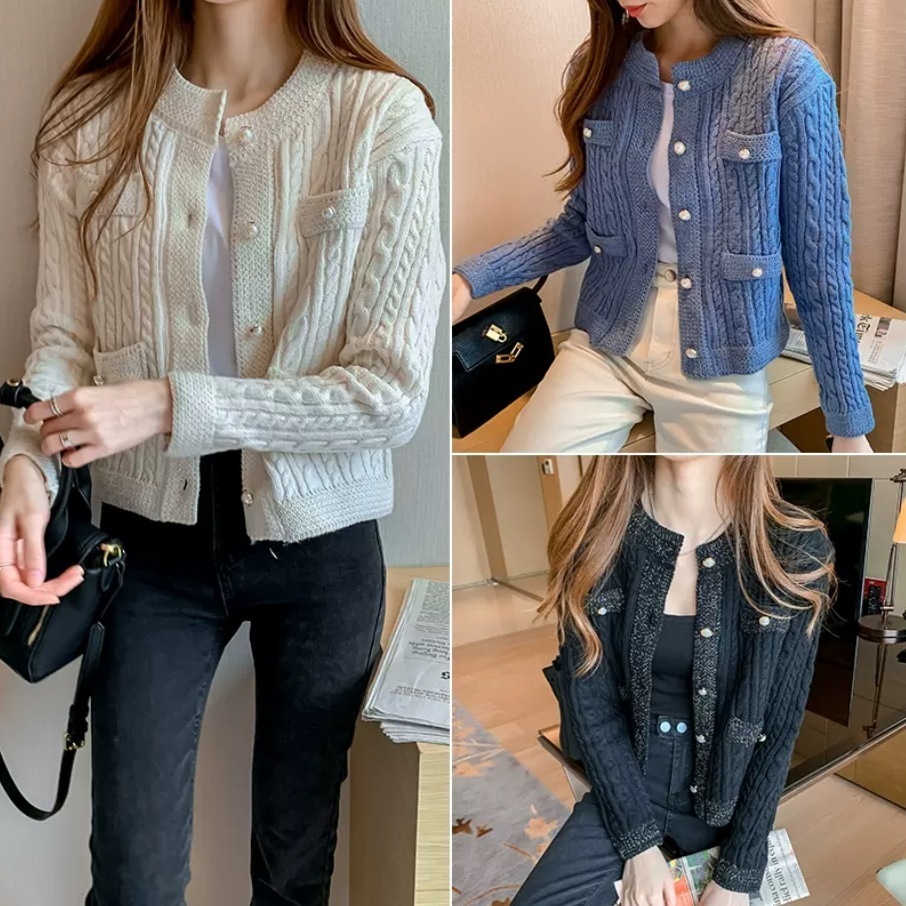 トップス ニットソー カーディガン ショート丈 長袖 萌袖 ラウンドネック ノーカラー スリム ストレート 切り替えデザイン ポケット 前開き 伸縮性 ボタン ニット かわいい 大人可愛い きれいめ