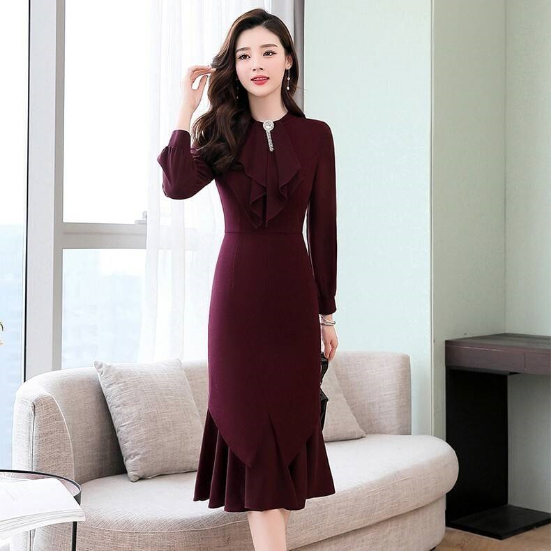 ワンピース 秋 ドレッシー 長袖 お出かけ パーティー フェミニン 清楚 膝丈 スカート スリム